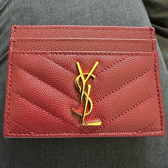 SAINT LAURENT Monogramme quilted textured-leather cardholder in burgundy - NWOT